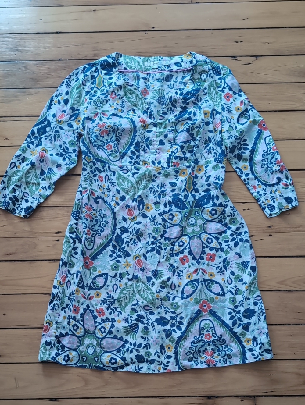 Boden Linen Floral Paisley Tunic Dress in Blue & Green Sz 8R